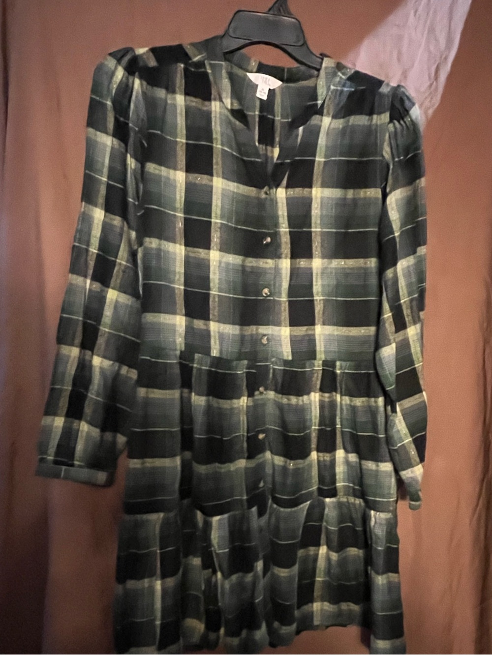 Time and Tru Black and Dark Green Plaid Tiered Midi Dress